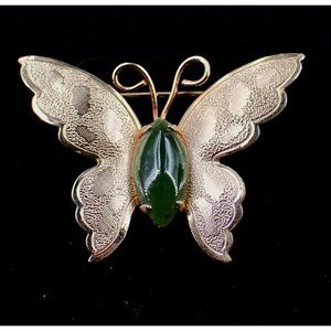 12K Gold Filled Butterfly Brooch with Green Stone Body signed NC